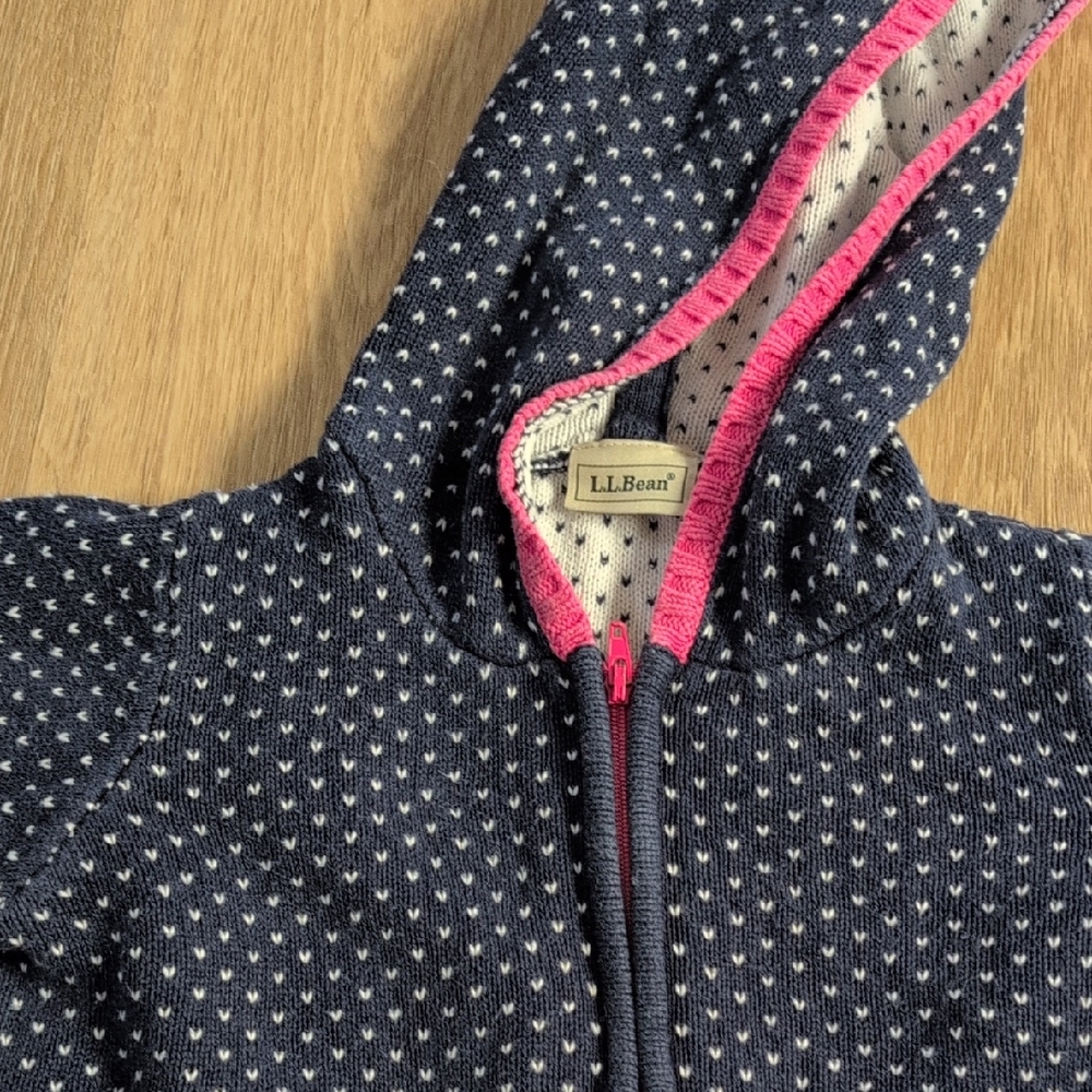 L.L. Bean Navy and Pink Heart Pattern Toddler Cotton Knit Hoodie